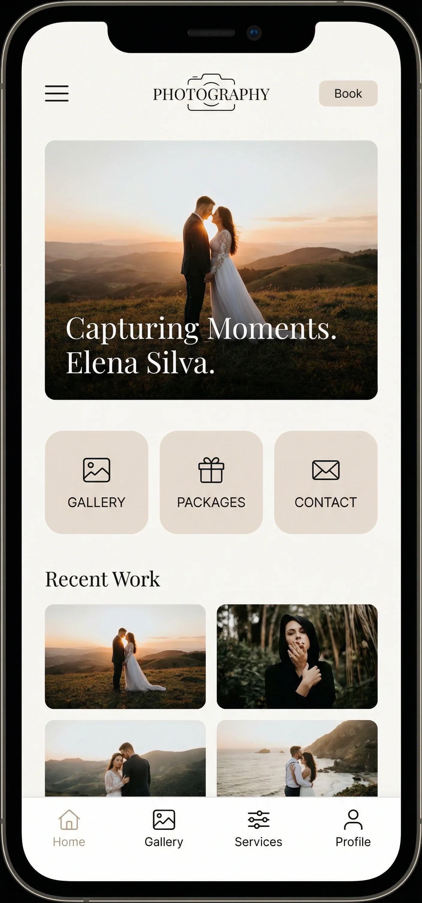 Photographer website with portfolio gallery and contact options on mobile