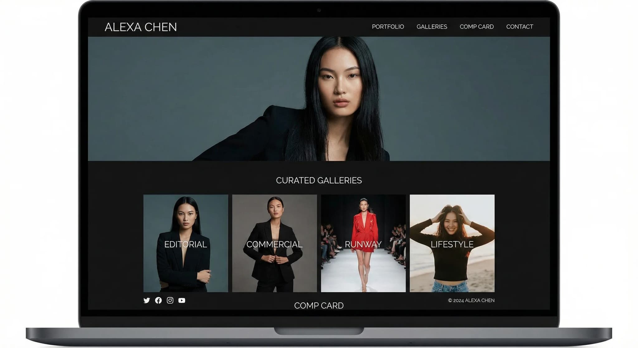 Professional model website with booking and contact options