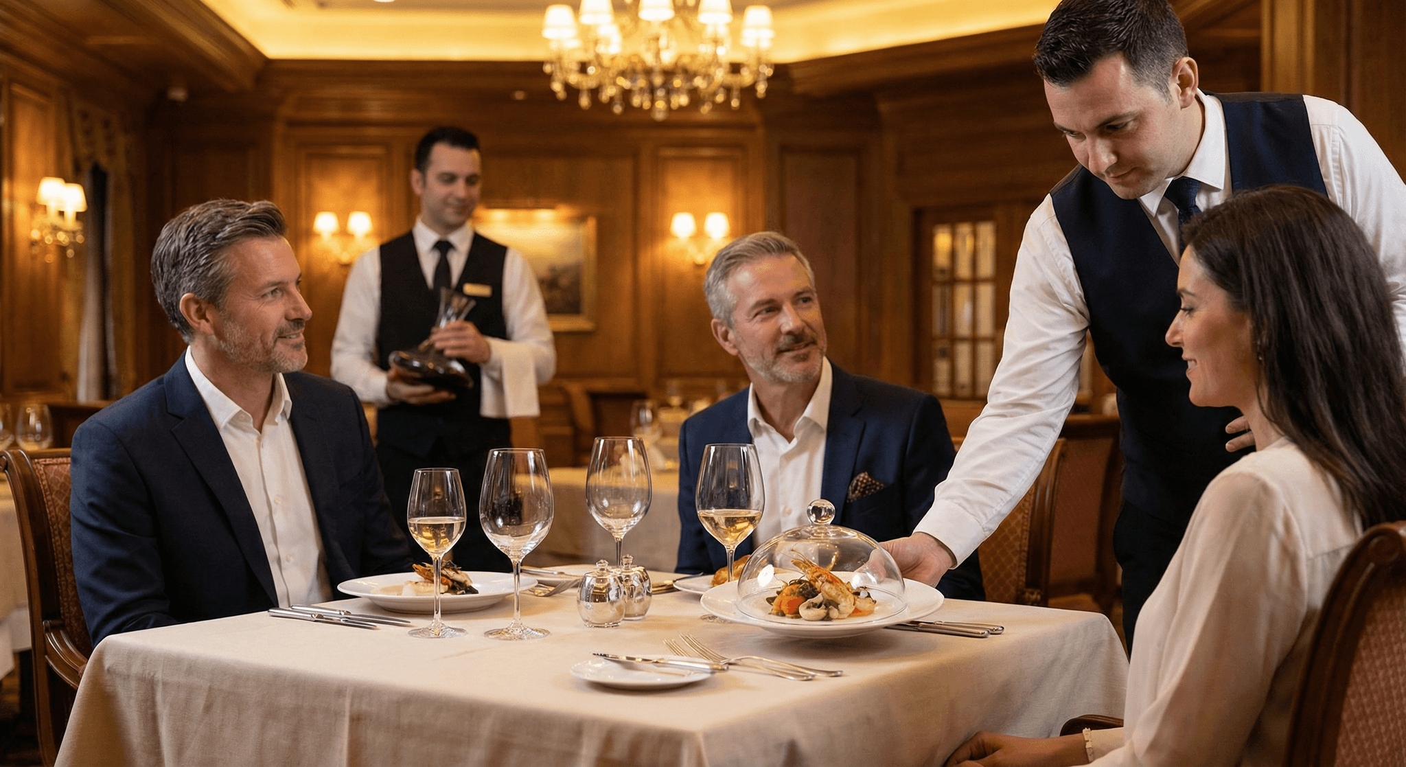 Camareros en restaurante elegante sirviendo comida exquisita