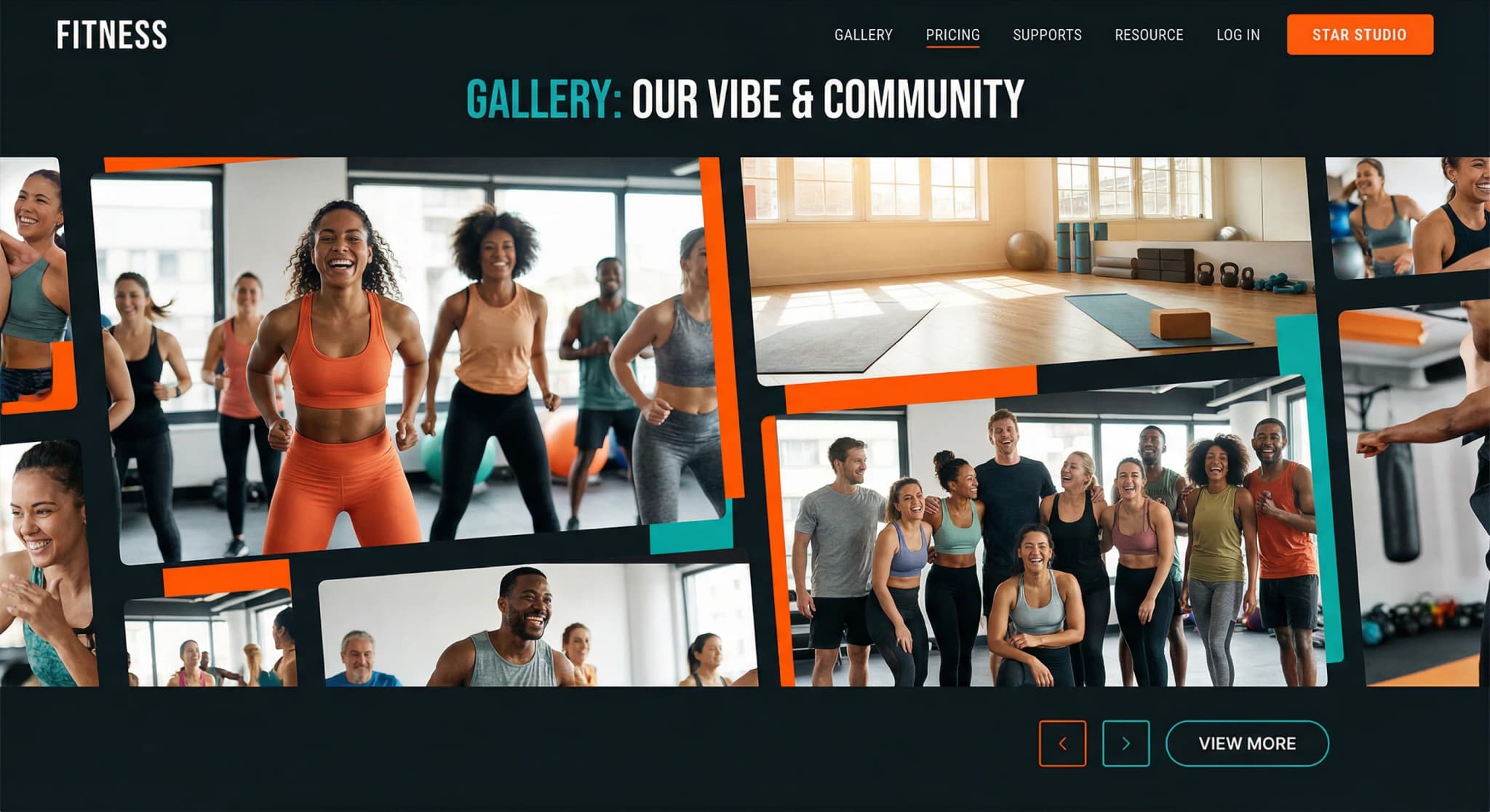 Galería de estudio de fitness con fotos de clases y comunidad