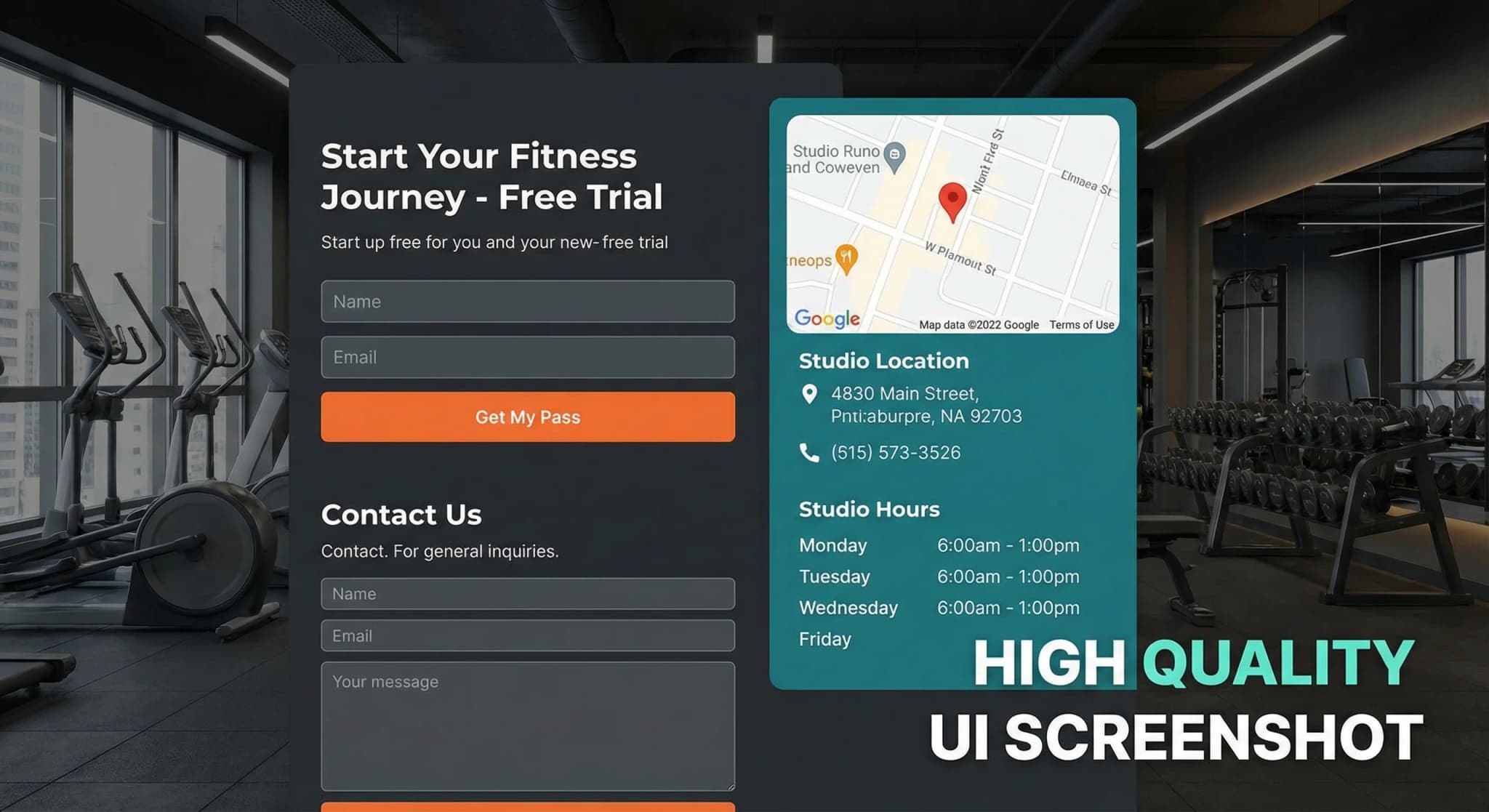 Sitio web de fitness con opciones de contacto e inscripción de prueba