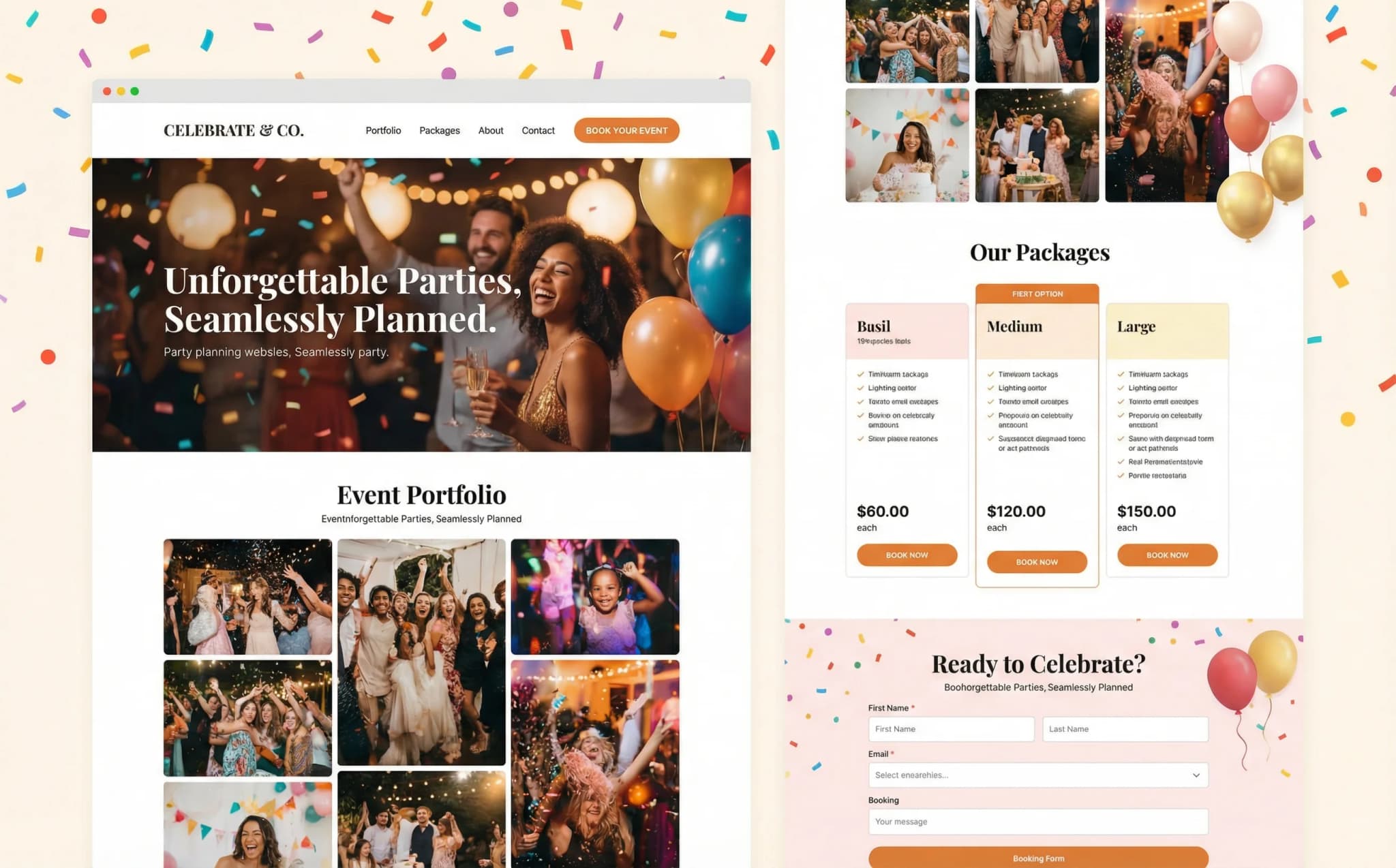 Party Planners website on desktop, tablet, and mobile