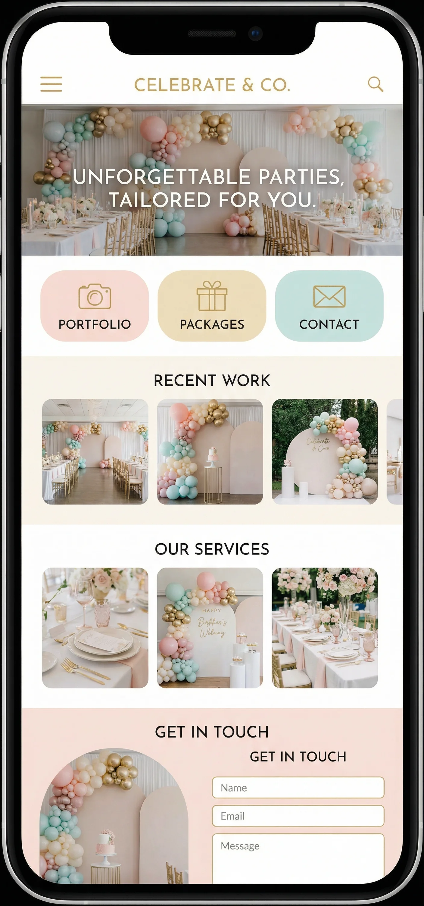 Party Planners website on desktop, tablet, and mobile