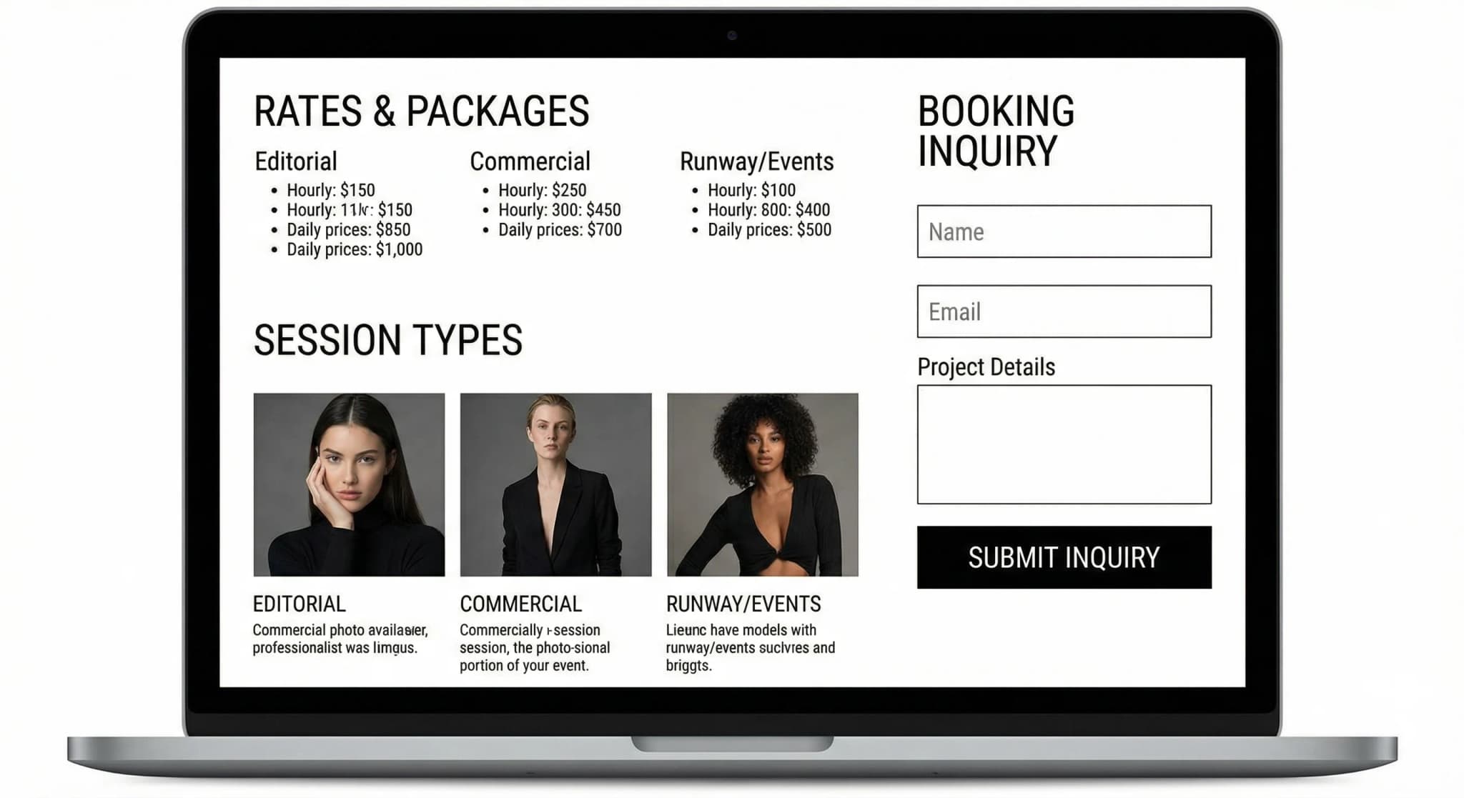 Sitio web de modelo con tarifas e información de reservas